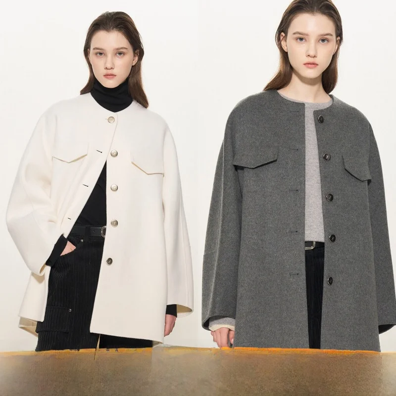 

Double-Sided Hand-Sewn Woolen Coat Korean Sle Commute Slimming Outerwear V-Ne Long Sve Thi Winter Coat