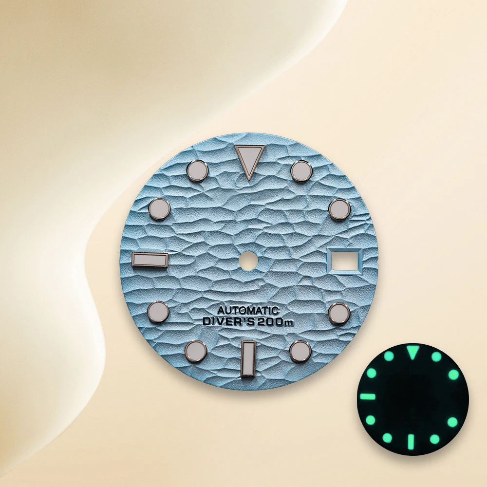 28.5 مللي متر S شعار السماء الزرقاء موجات أشعة الشمس الهاتفي NH35 الطلب لحركة NH35/NH36/4R/7S C3 الأخضر مضيئة ساعة تعديل أداة