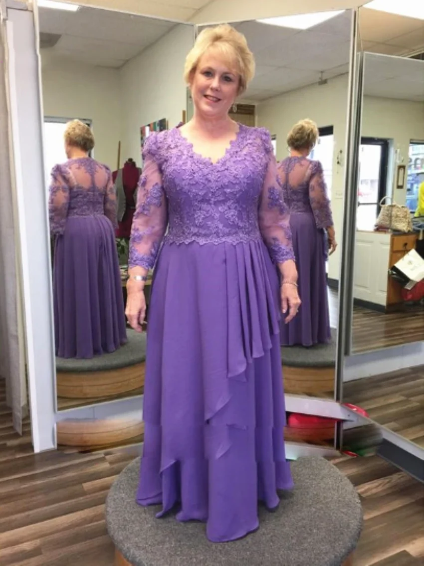 

Plus Size A Line Lace Appliques Vestido Invitada Boda Largo Elegante Charming Purple Chiffon Mother Of The Bride Dresses 2024