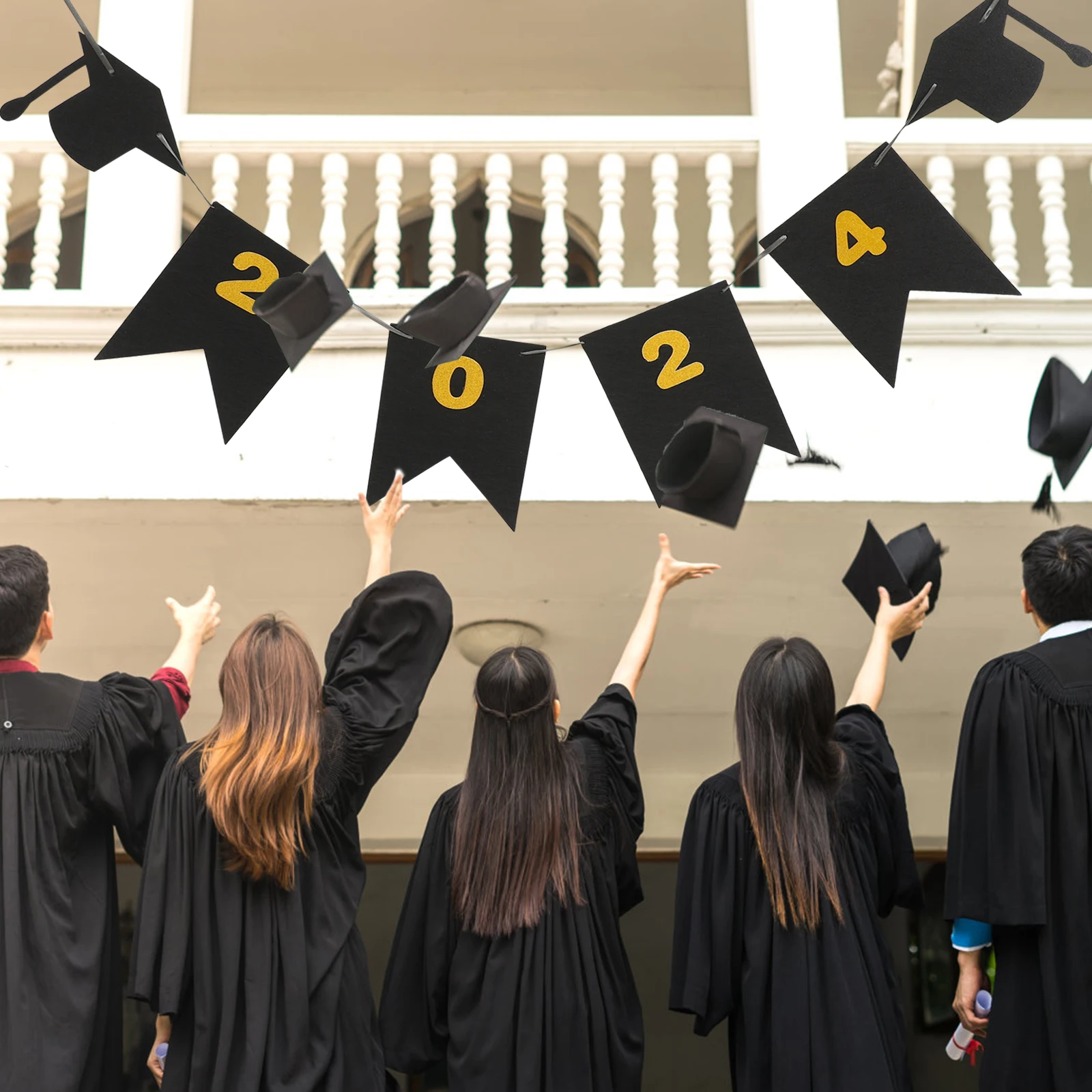 

Doctor's Hat Graduation Banner Felt Fabric Swallowtail Reusable Party Background Hanging Decor Black Graduation