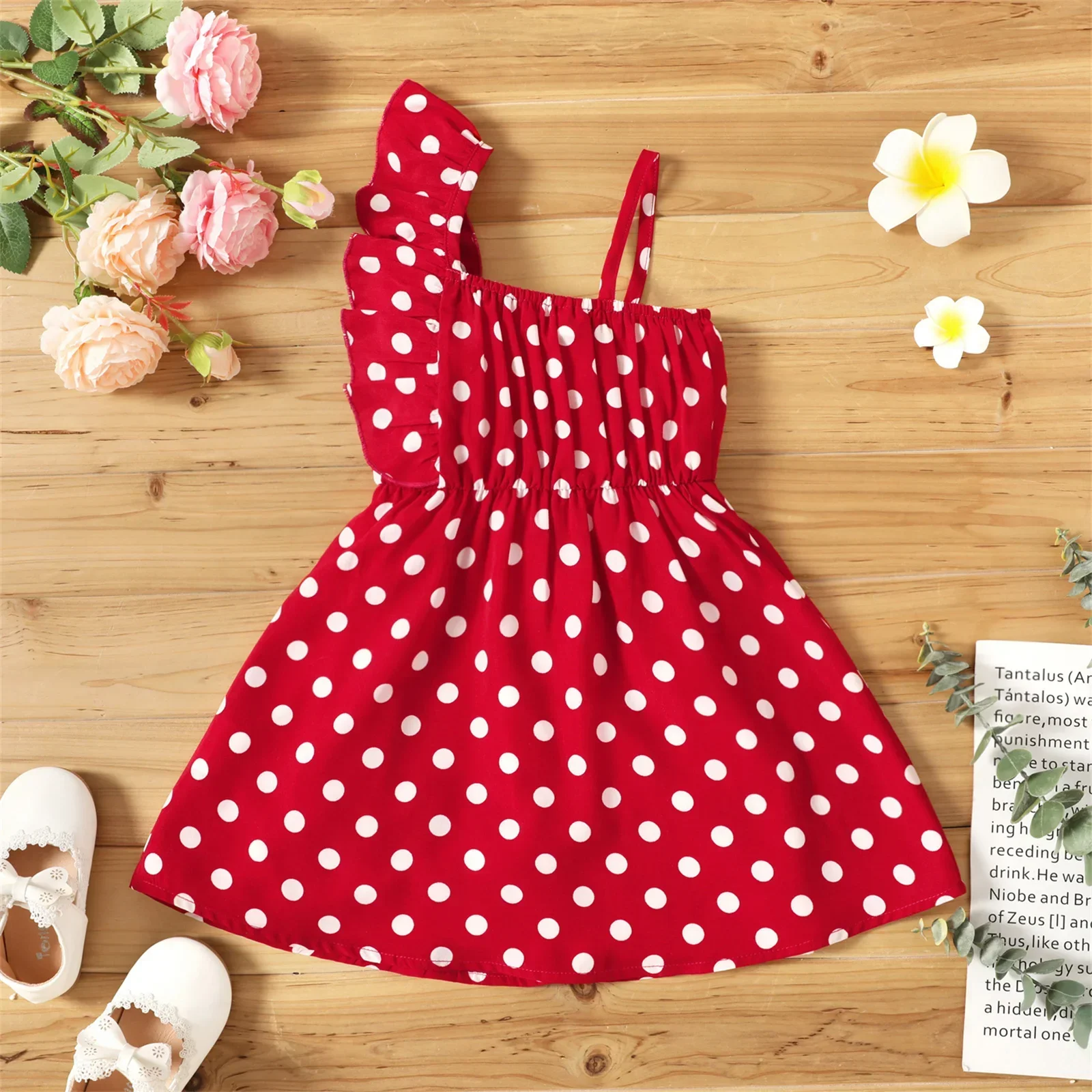 PatPat Toddler Girl Polka dots One Shoulder Ruffle Cami Dress Soft and Comfortable  Perfect for Outings and Daily Wear