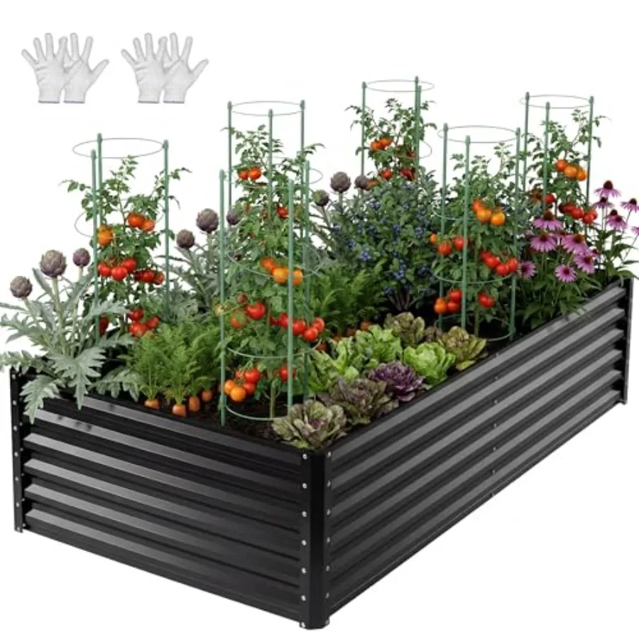 Outdoor galvanized raised garden bed with tomato cages and trellis for climbing plants vegetables flowers; 8x4x2ft size; silver