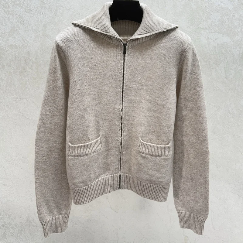 

High quality Knitted cardigan women's sweater with zipper, double pockets, and turned-up collar 2512068140