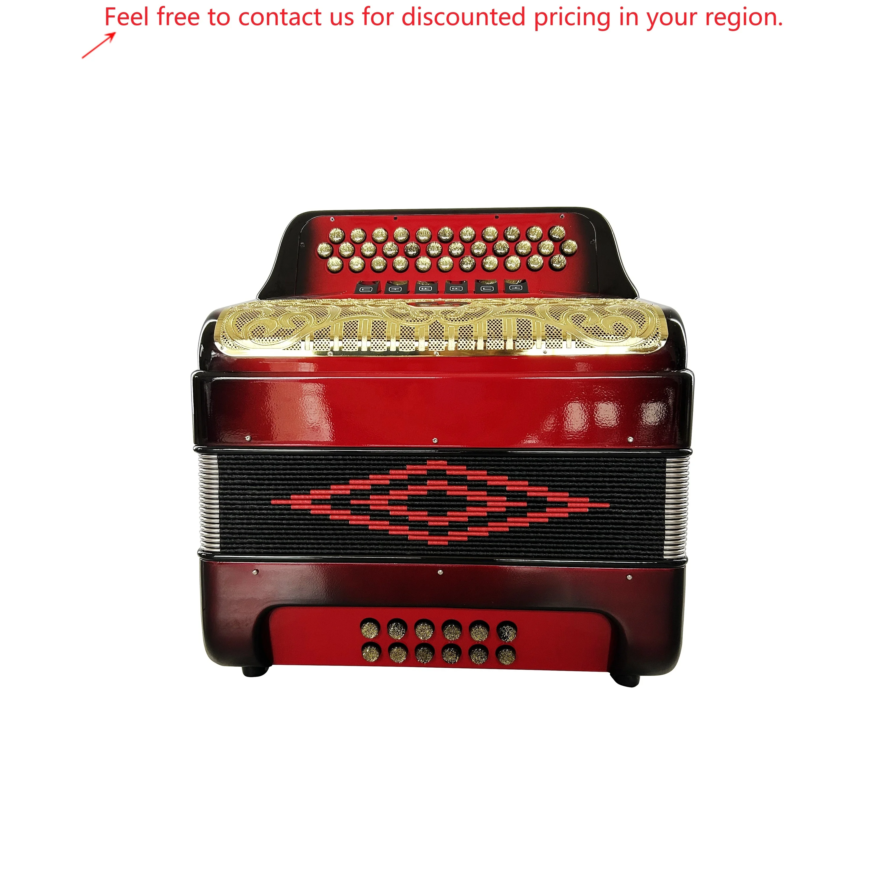 

SEASOUND Diatonic Accordion Instrument JB3412E 34 Button 12 Bass 6 Registers Red And Black Body With Gold Grill Gold Buttons
