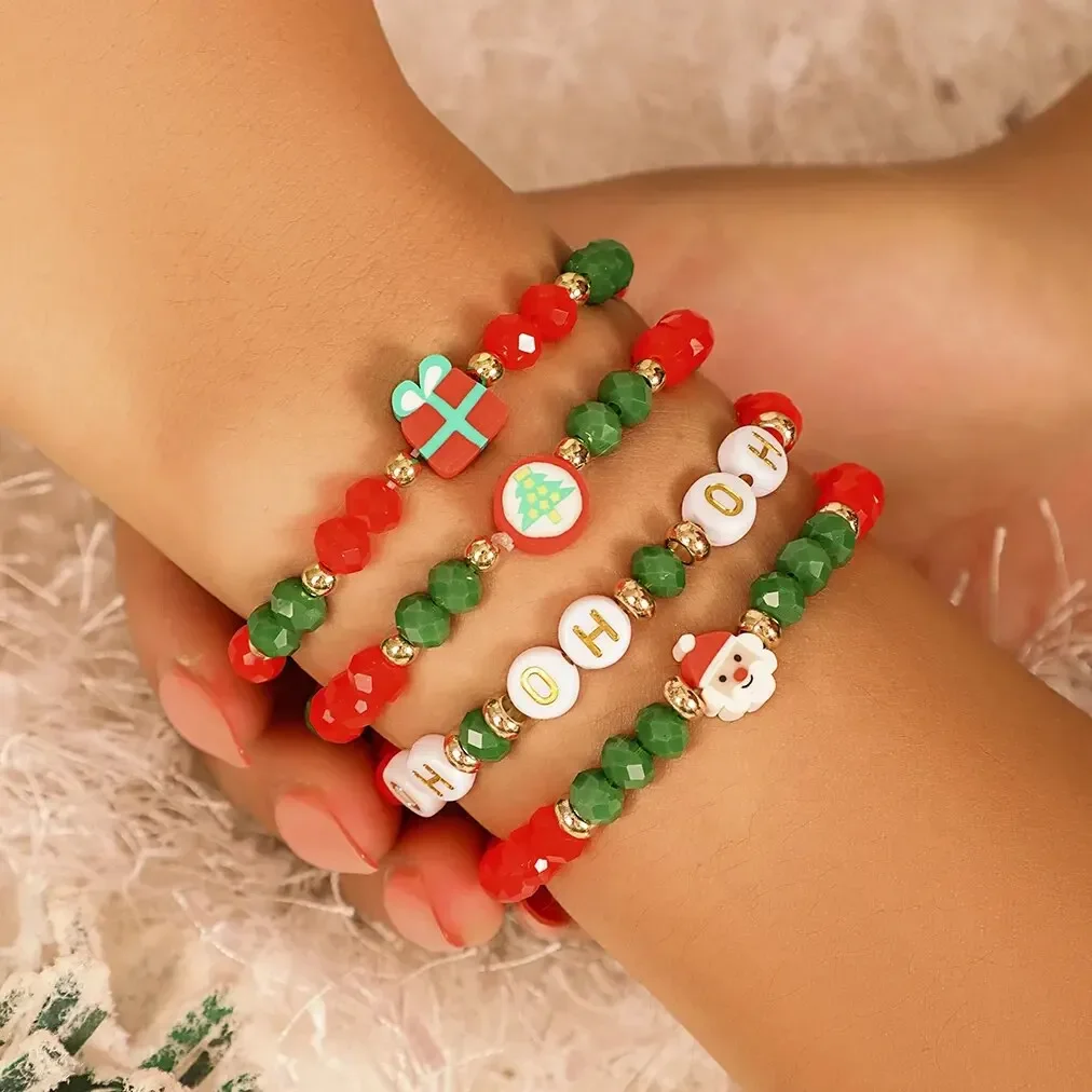 

4Pcs Christmas Handmade Strand Beads Chain Bracelets for Women Santa Claus Gift Box Tree Bangles Xmas Holiday Party Jewelry New