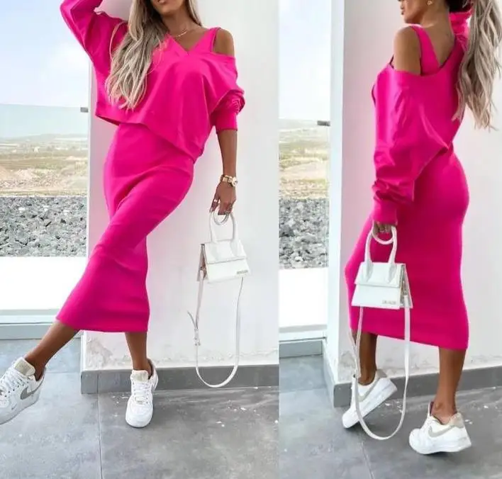 Women\'s Skirts Set Fashion Sleeveless Dress + Deep V-Neck Sweatshirt Set Woman Casual Dresses Two Piece Suit Outfits for Women