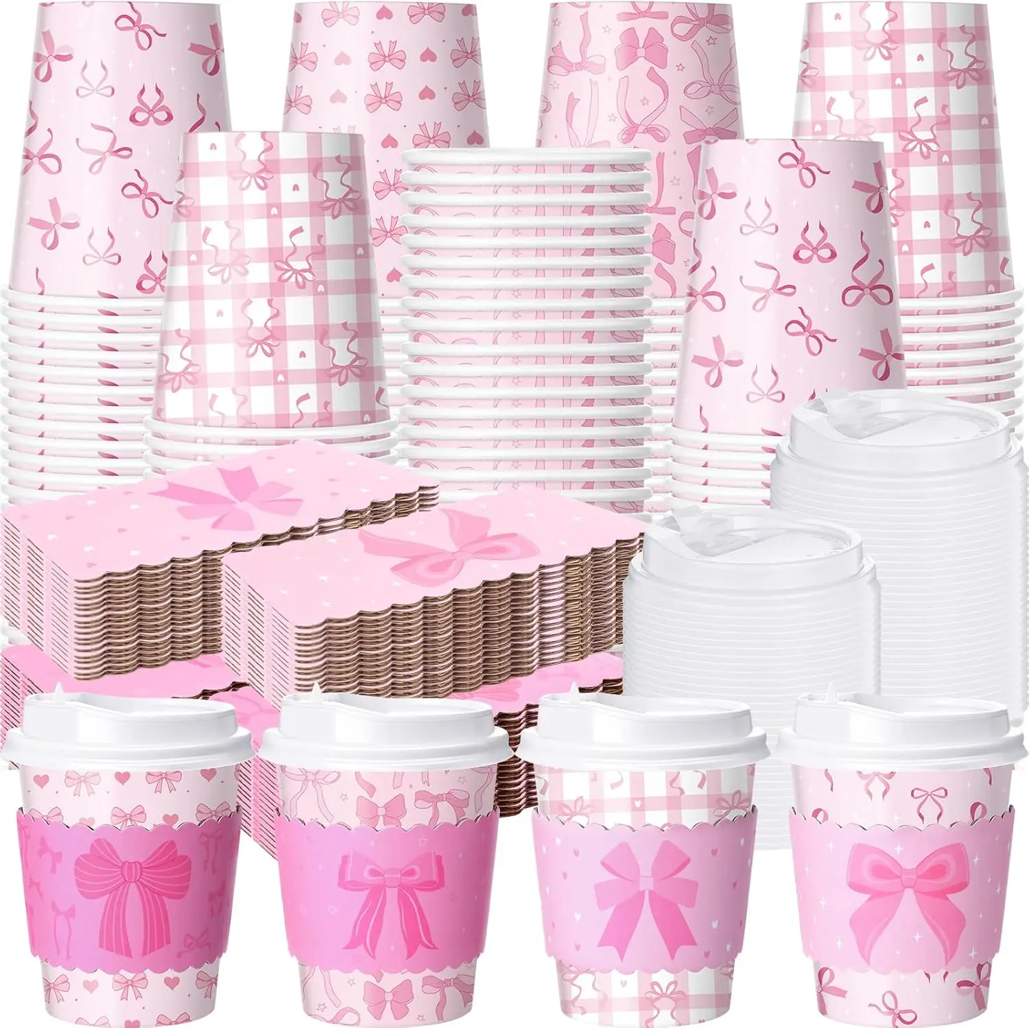 

48 Sets Pink Bow Disposable Coffee Cups with Lids and Sleeves, 8oz Coquette Bowknot Drinking Cups for Wedding Bacheloret