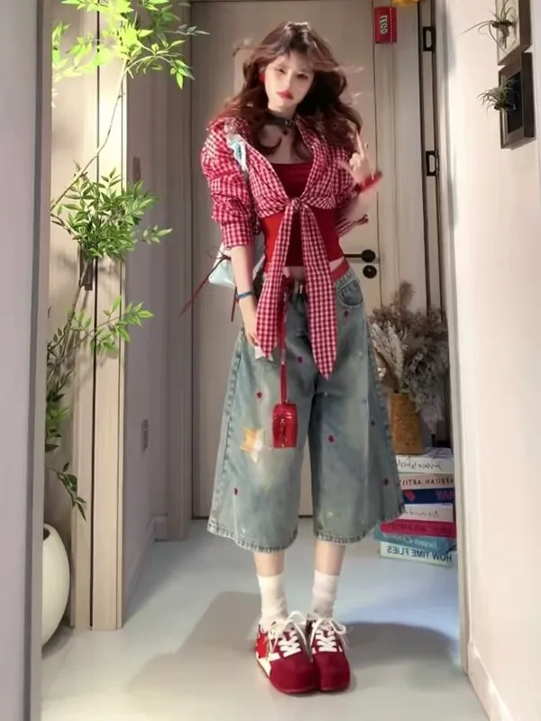 

Dopamine Star Patch Straight Leg Jeans Women's Summer 2026 New Small Size Draping Slimming Mid-Length Denim Pants