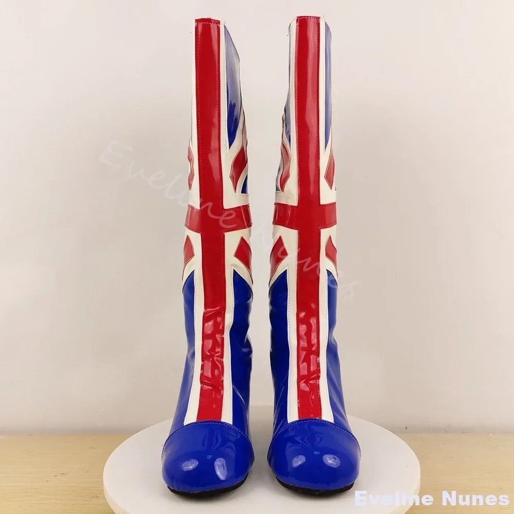 Red Blue Striped Knee High Boots Men Round Toe Chunky Heel Patent Leather Knight Boots 2025 New Fashion Catwalk Party Boots