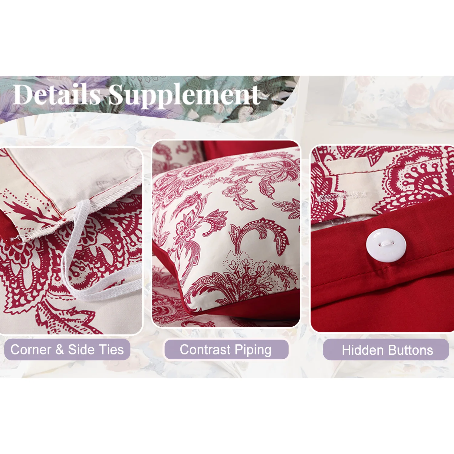 3pcs 600TC 100% Egyptian Cotton Duvet Cover Set, Vintage Red Floral Moire, Soft Breathable Skin-Friendly Bedding (No Inserts)