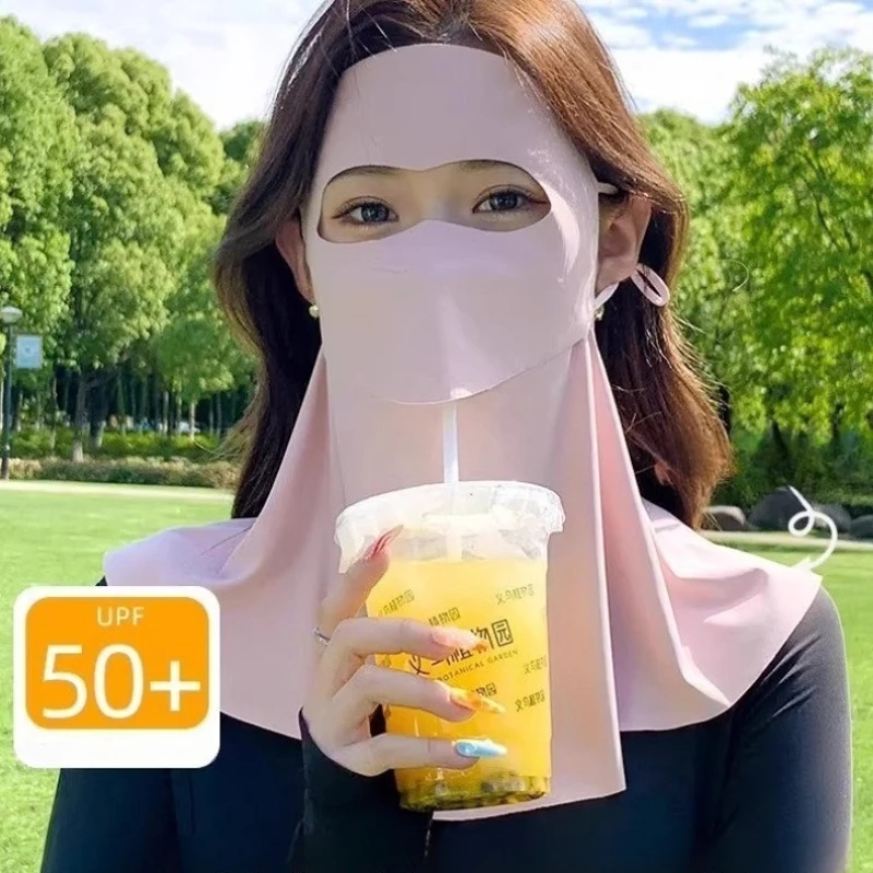 Women Sun Protection Face Mask with Drinking Hole Ice Silk Cooling UV Block Neck Cover for Cycling Outdoor Summer Accessories