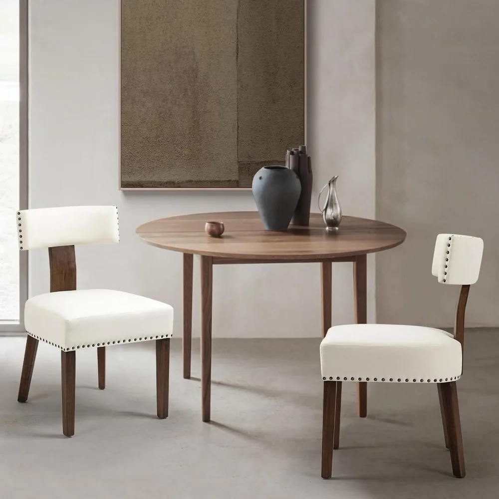 

"Set of 2 Farmhouse Dining Chairs - Upholstered Mid-Century w/ Wood Legs & Curved Back"​
