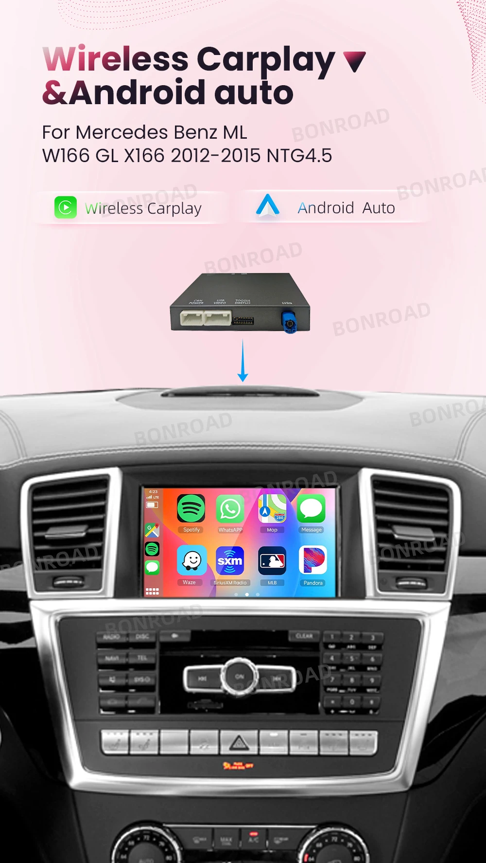 BONROAD Drahtloser CarPlay-Adapter Android-Automodul für Mercedes Benz ML W166 GL X166 2012–2015 NTG4.5 mit Bluetooth Airplay – Detail 1