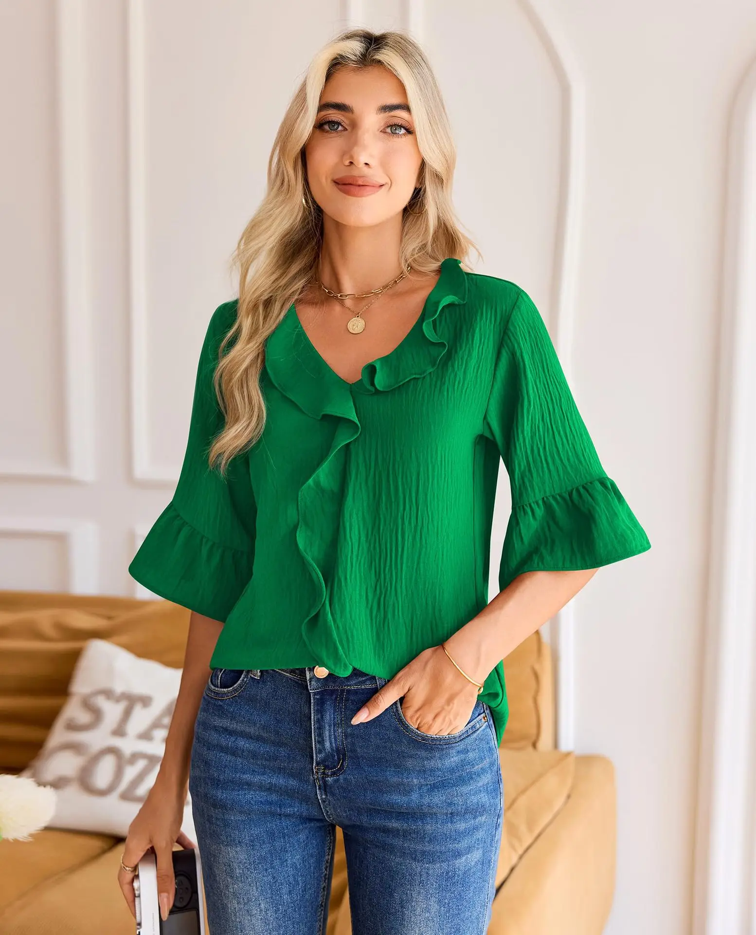 New Shirt Ruffled V-neck Casual Loose Solid Color Tops Women's Fashion Elegant Casual Commuting Daily Vacation Street T-shirt