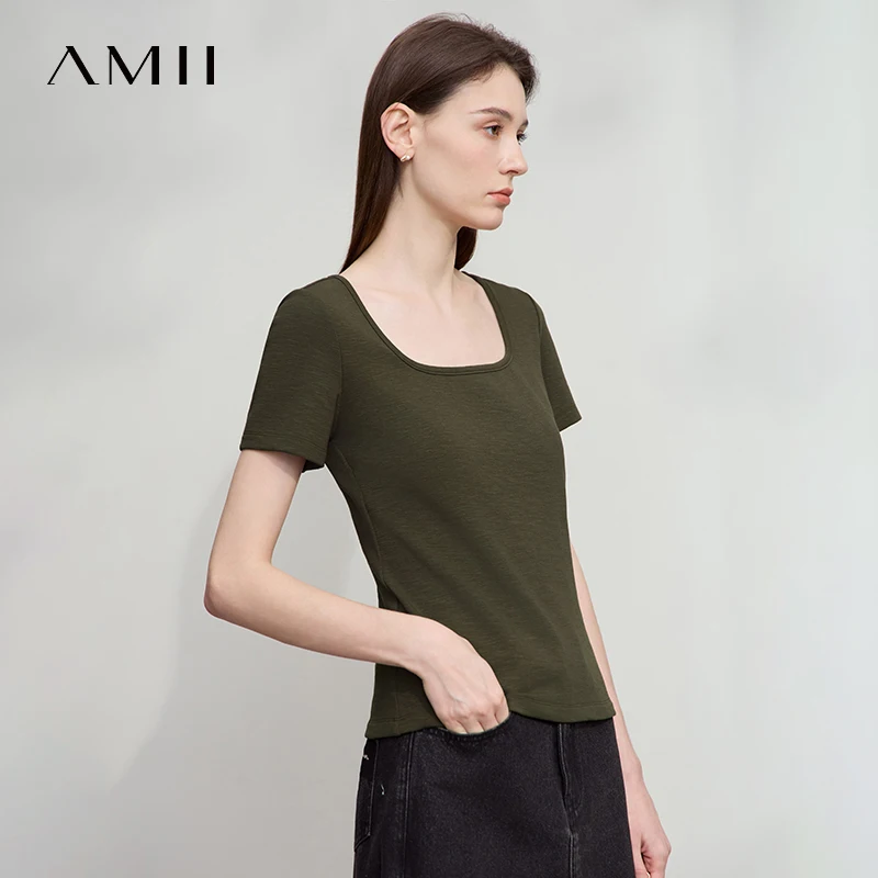 AMII Minimalist 2026 Summer T-Shirt Office Lady U Neck Short Sleeve Tees Cotton Straight Knit Tops Clothes for Ladies 12542304
