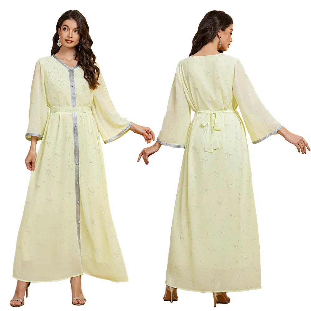 Middle East New Women's Chiffon Hot Diamond Abaya Muslim Robe Arabian Dress Robe Loose