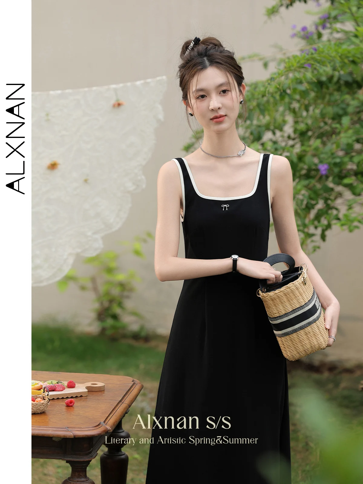 

ALXNAN Frenchy Sleeveless Midi Dress Female 2024 Spring Summer Square Collar Black Sundress Strap Dresses Womans Clothing L33911