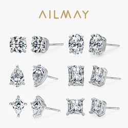 Ailmay Real 925 Sterling Silver Luxury AAAAA Level Sparkling CZ Geometric Stud Earrings For Women Wedding Statement Jewelry Gift