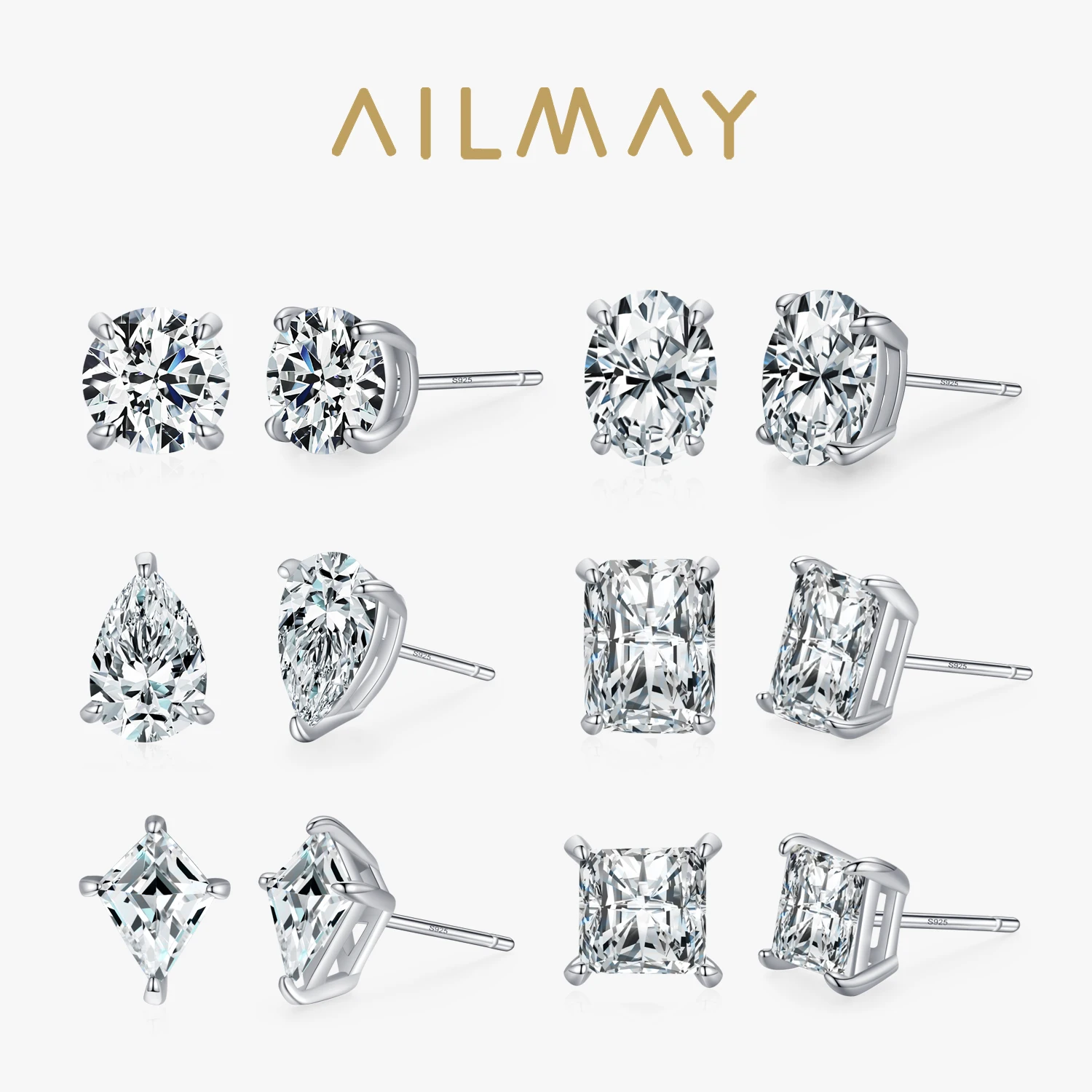 Ailmay Real 925 Sterling Silver Luxury AAAAA Level Sparkling CZ Geometric Stud Earrings For Women Wedding Statement Jewelry Gift