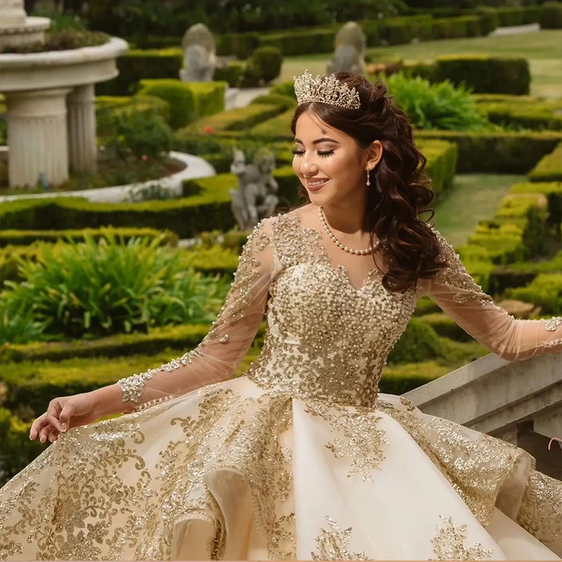 Vestido dorado para quinceañeras, apliques De tul hinchados, mangas largas, elegante desfile, princesa, vestido De fiesta De noche De cumpleaños