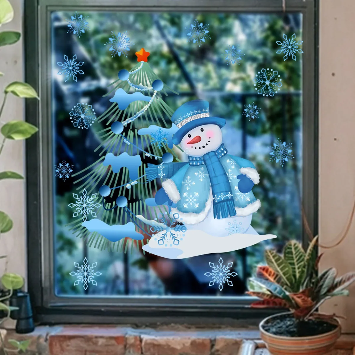 Blue Snowman Christmas Tree Wall Sticker Christmas Double Sided Visual Glass Sticker Glass Window Wall Sticker