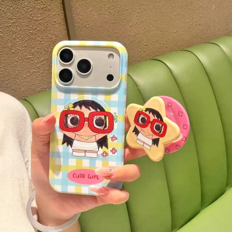 Fashion Plaid Pattern Cute Flower Girl Magnetic Phone Case For iPhone 16 Pro 17 15 Pro Max Hard Protective Cover with Stand For