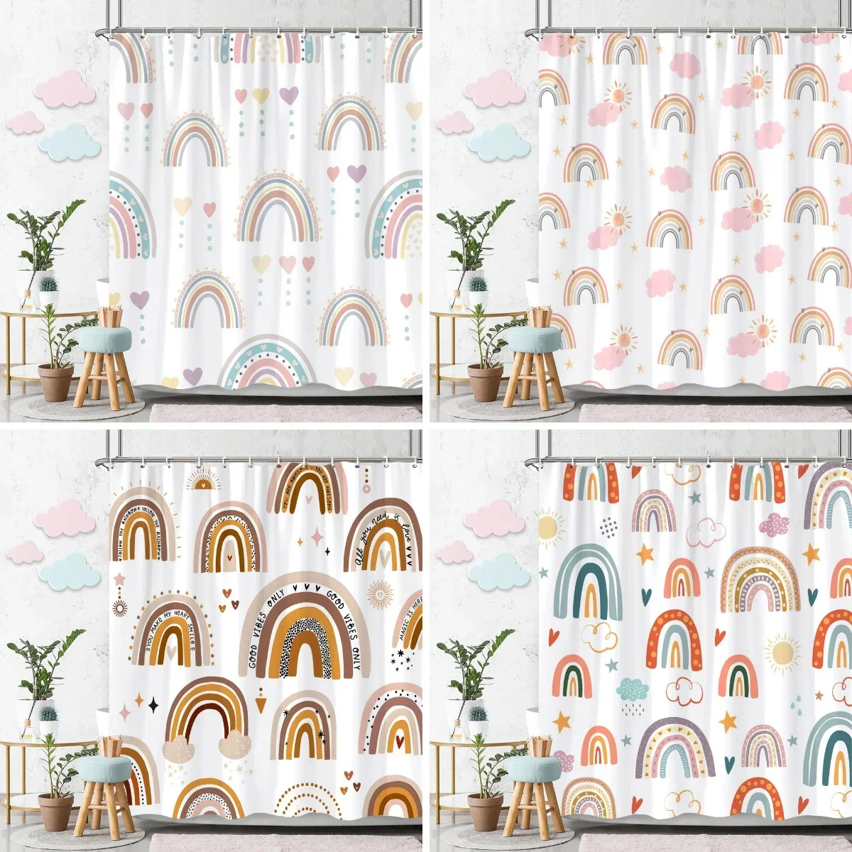 Cartoon Rainbow Shower Curtain Colourful Cute Print Kids Bathroom Polyester Fabric Art Home Decor Curtain With Hooks