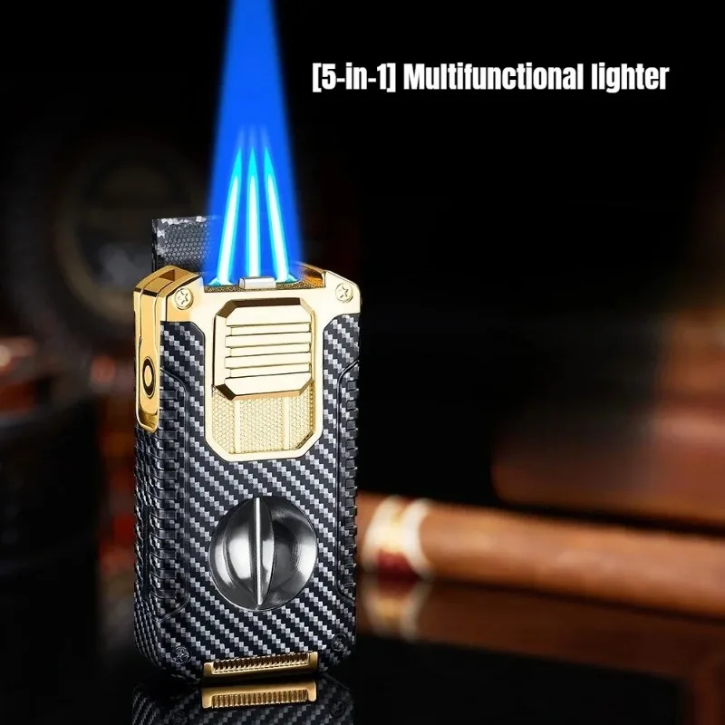 Creative 5-in-3 Direct Spray Cigar Lighter with V-shaped Scissors, 1300 ° High Temperature Portable Multifunctional Lighter