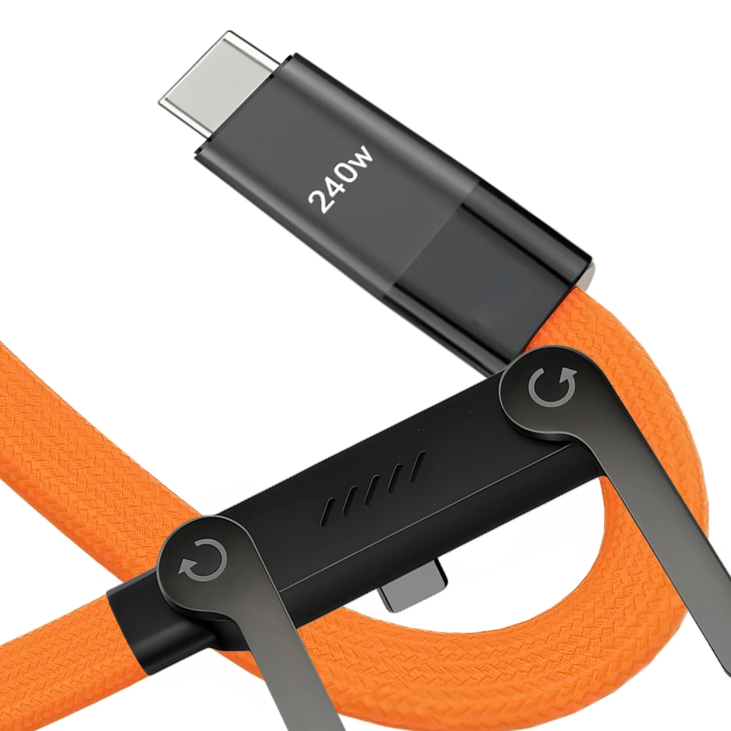240W 2-in-1 Type C to USB C Fast Charging Data Cable Foldable Phone Holder Type C Fast Charging cabo For iPhone 17 Black/Orange