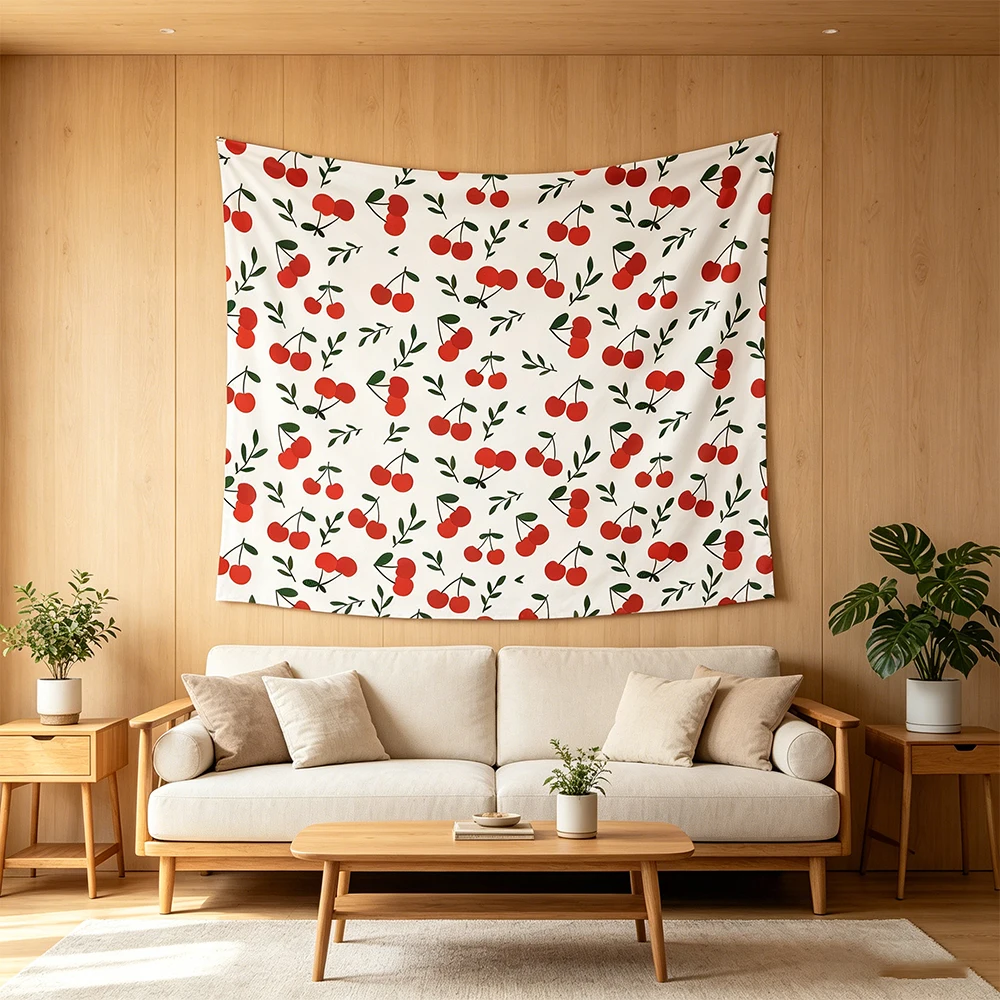 Cute Red Cherry Print Tapestry, Minimalist Fruit Pattern Wall Hanging, Aesthetic Tapestry for Bedroom Living Room Dorm Decor