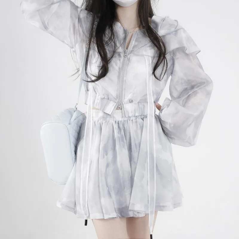 

Summer Tall Match Tie Dye Three Piece Sets Y2k Aesthetic Ruffle Zip Short Coats Solid Basic Tops Harajuku High Street Pants