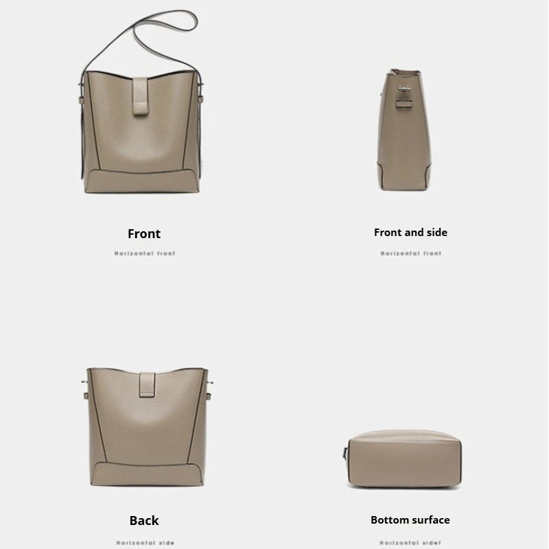 Minimalist Everyday Work Bucket Shoulder Bag for Women Genuine Leather Adjustable Strap Multiple Pockets Luxury Handbag