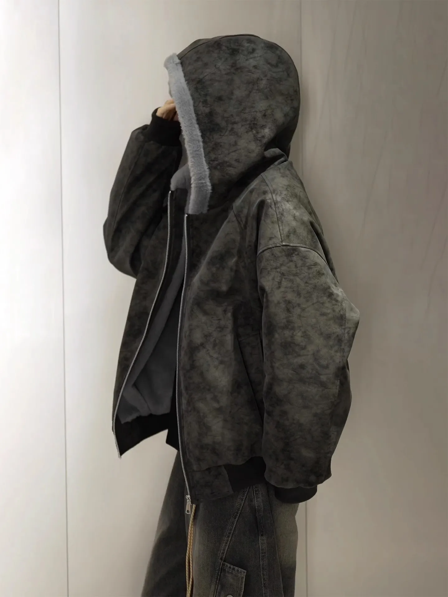 

American Sle Matte Leather Cotton Jaet Thiened Winter Coat for Men And Women Warm Lamb Velvet Clothing below 40℃