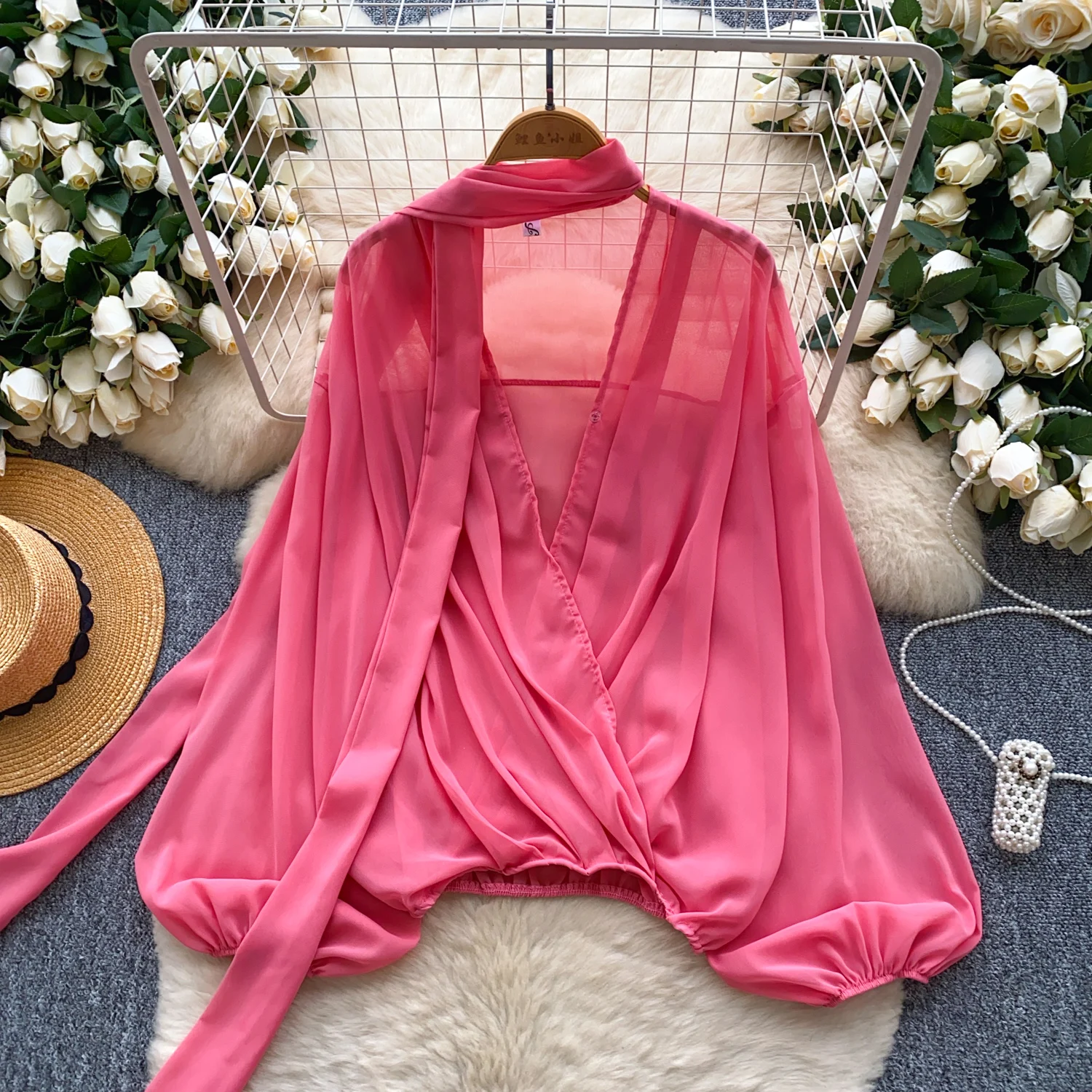 

Chic Long Sleeve Criss-Cross mesh solid Elegant Fashion Sexy office lady Shirt Women Blouse Women