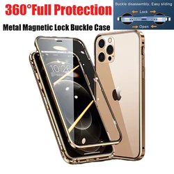 360°Full Protection Metal Magnetic Snap Lock Phone Case For iPhone 16 Pro Max 14 13 12 15 Pro Max Double-Sided Glass Bumper Case