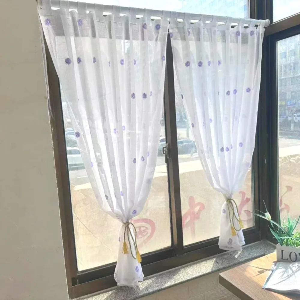 Single Gauze Pastoral Curtain for Living Room Small Fresh Coffee Embroidery Half Window Drapes Thermal