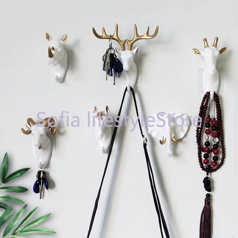 1pc Hanging Hook Animal Head Decorative Hook Deer Elephant Unicorn Rhinoceros Hanger Hook Keys Clothes Hat Wall Decoration Rack