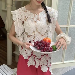 2024 Summer Loose Pullovers Tops New Fashion Casual Hollow Out Women Vest Shirt Vintage Embroidery Crochet Blouse