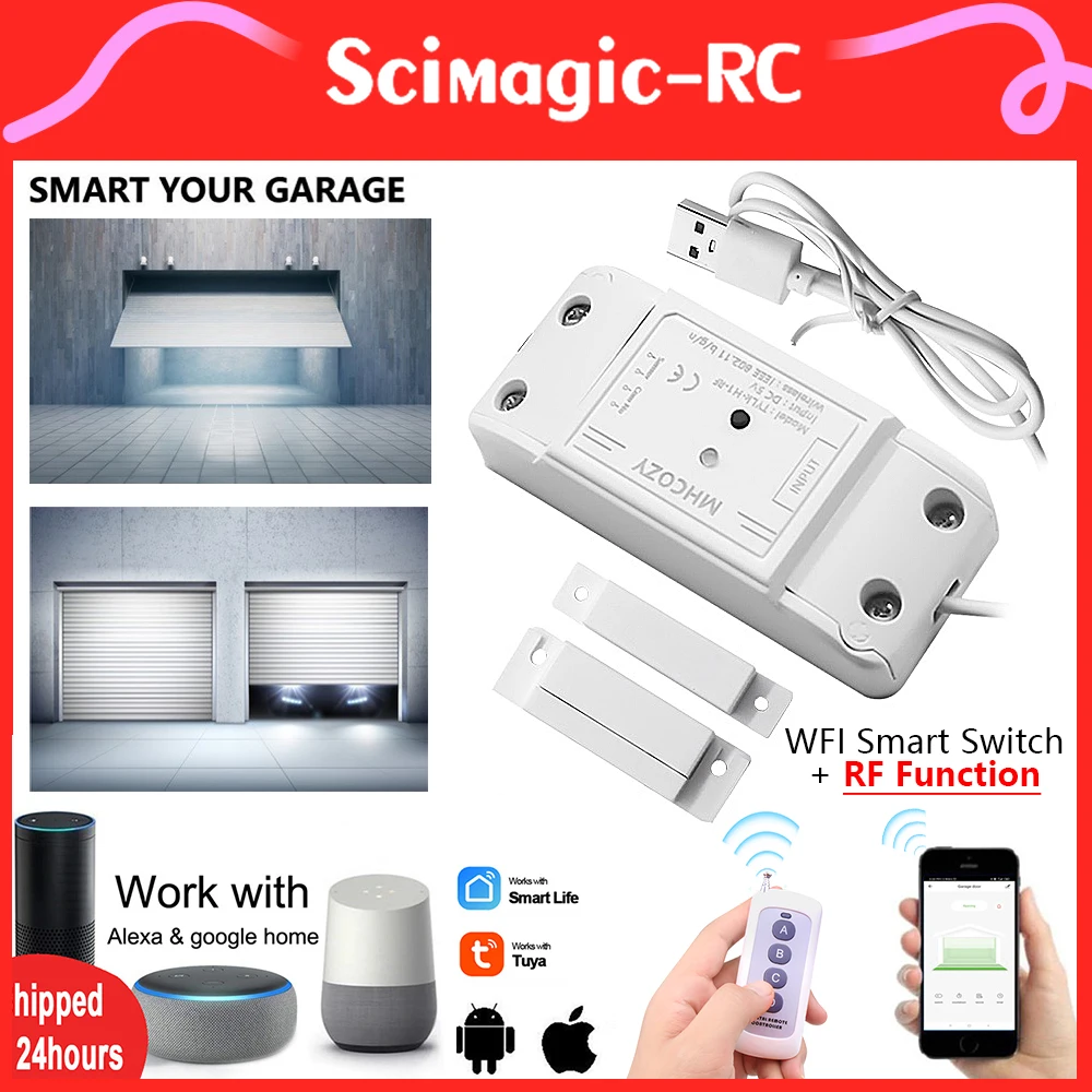 Tuya Smart Switch Module WiFi and 433MHz RF Remote Control Garage Door Support Google Home Alexa Voice Control.Door Magnet