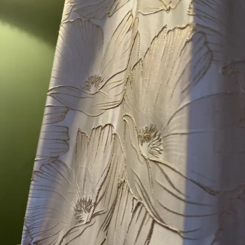 New Yingri Golden Lotus Embossed Curtain Gold Silk Jacquard High Density Curtains for Living Dining Room Bedroom Custom Size