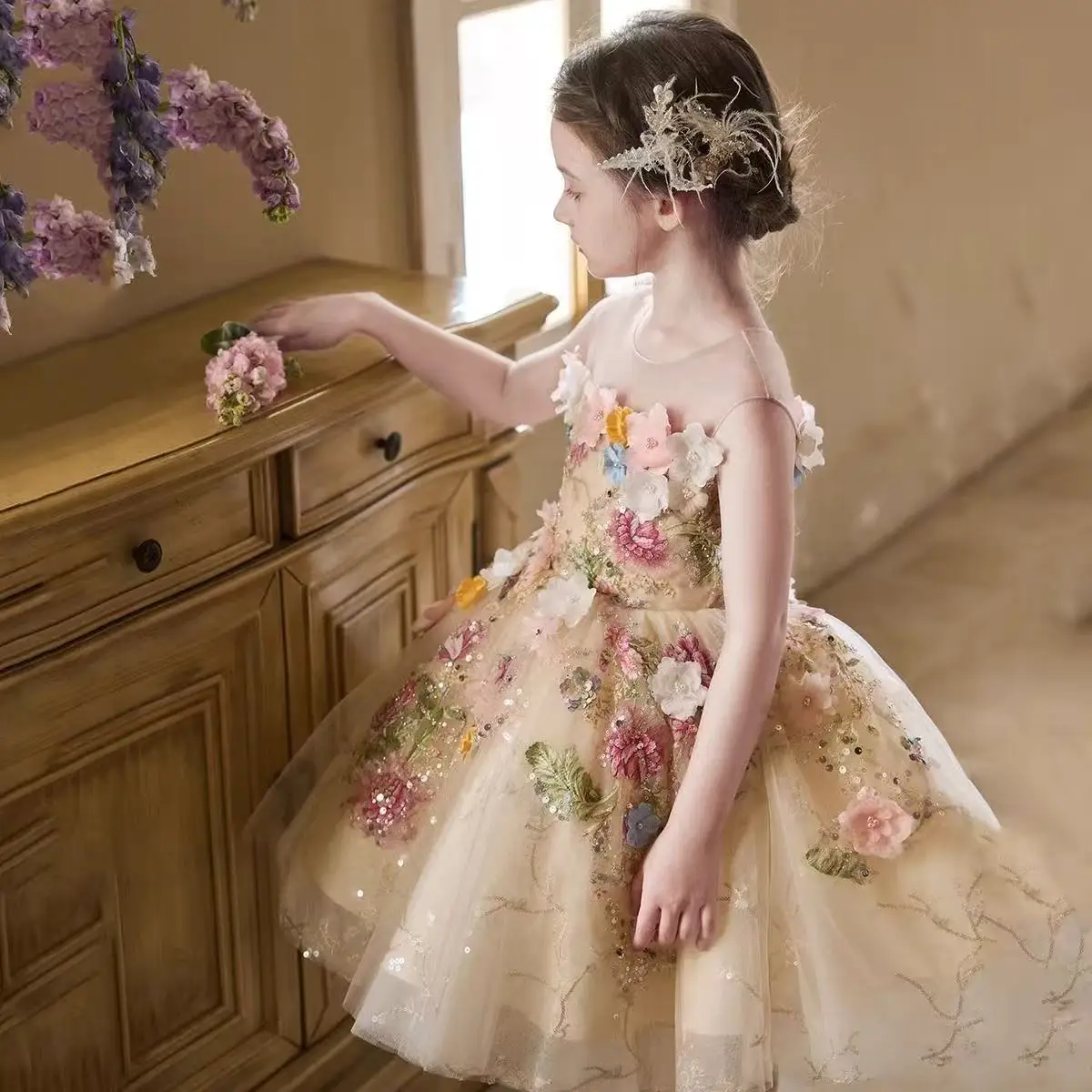 

Girls' High-End Dress High end French Birthday Flower Girl Little Host Piano Performance Dress Princess Short Skirt
