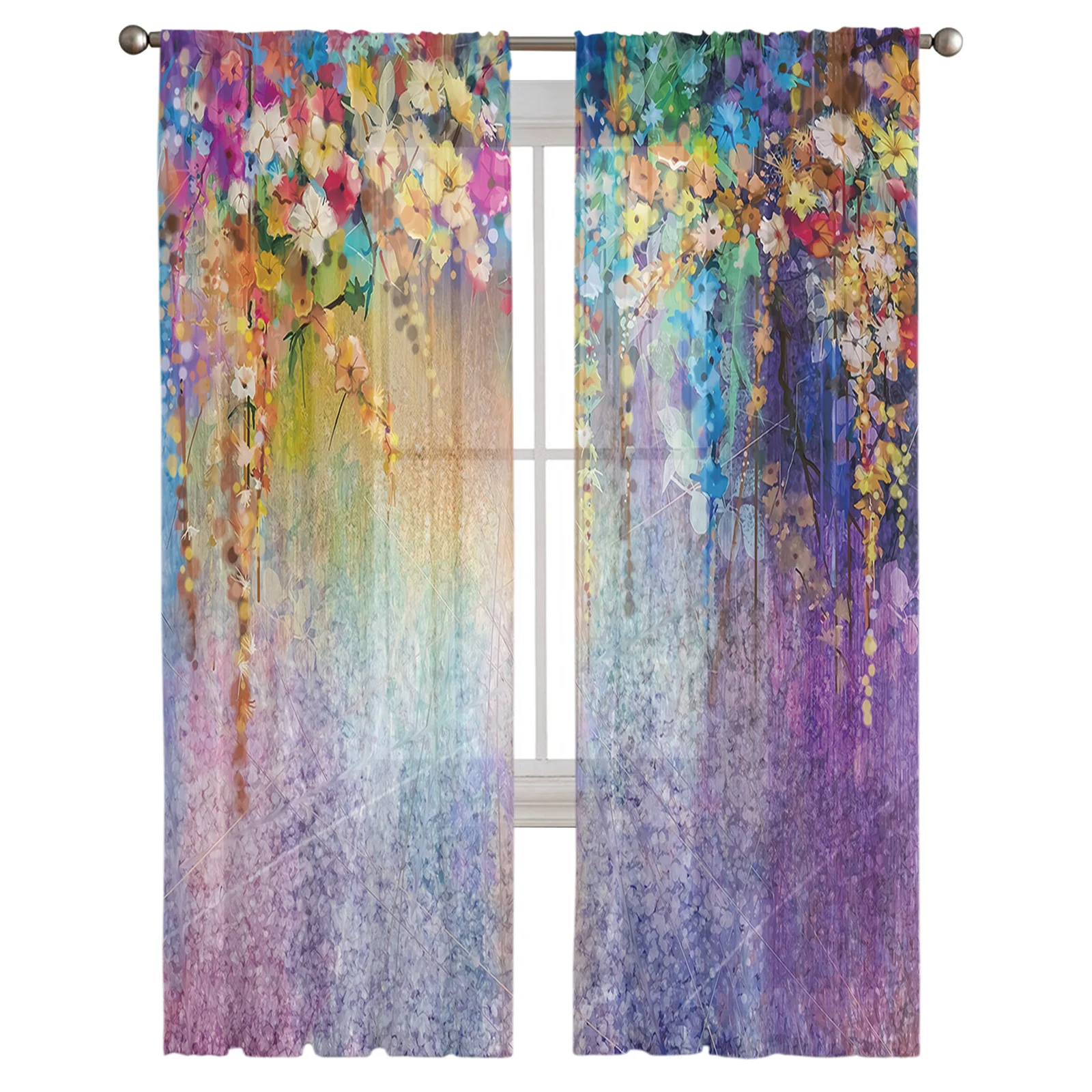 Spring Vine Small Flowers Shrub Blue Purple Voile Tulle Sheer Curtains for Bedroom Living Room Kitchen Decor Window Curtain