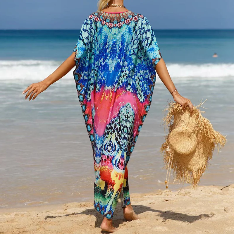 Women Sexy V-Neck Beach Dress Side Split Tunic Sarong Swimwear Kaftan Robe Sundress Color Bikini Cover Up Oversized Maxi Dress