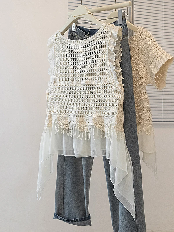 Bohemian Lace Hollow out Tassel V-neck Women's Summer New Asymmetric Ruffle Sleeveless Top Breathable A-line Narrow Strap Vest