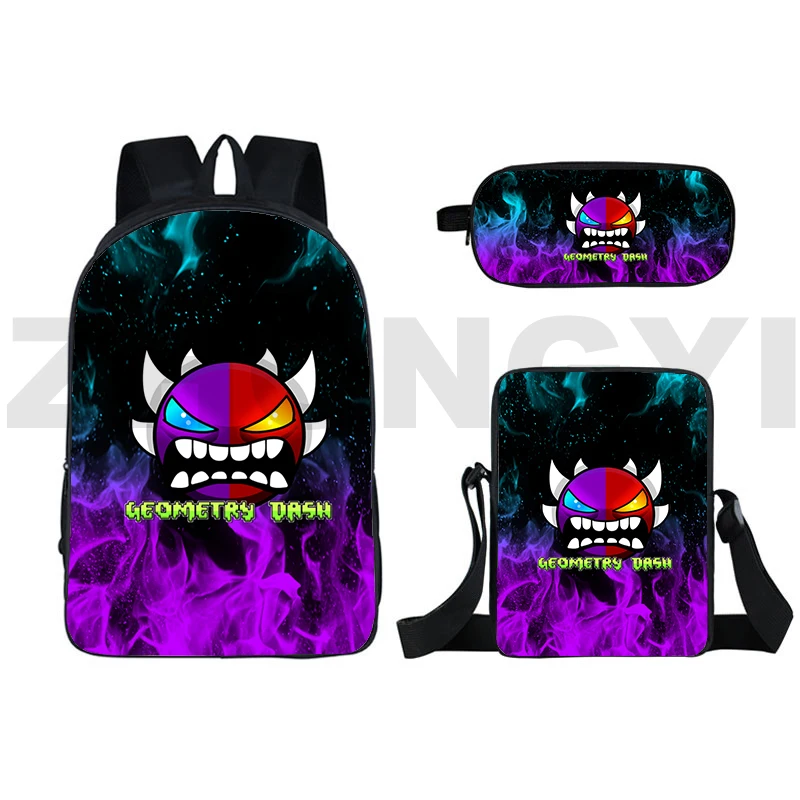 

16 Inch Angry Geometry Dash Backpacks 3 in 1 Set 3D Anime Pencil Case Handbags Back Pack for Teenagers Girls Japanese School Bag