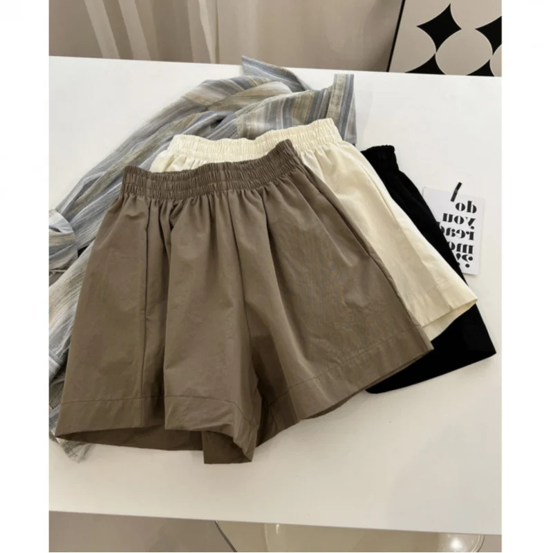 

2024Летние новые женские шорты с эластичной резинкой на талии, широкие брюки, свободные повседневные брюки с высокой талией для девочек больших размеров