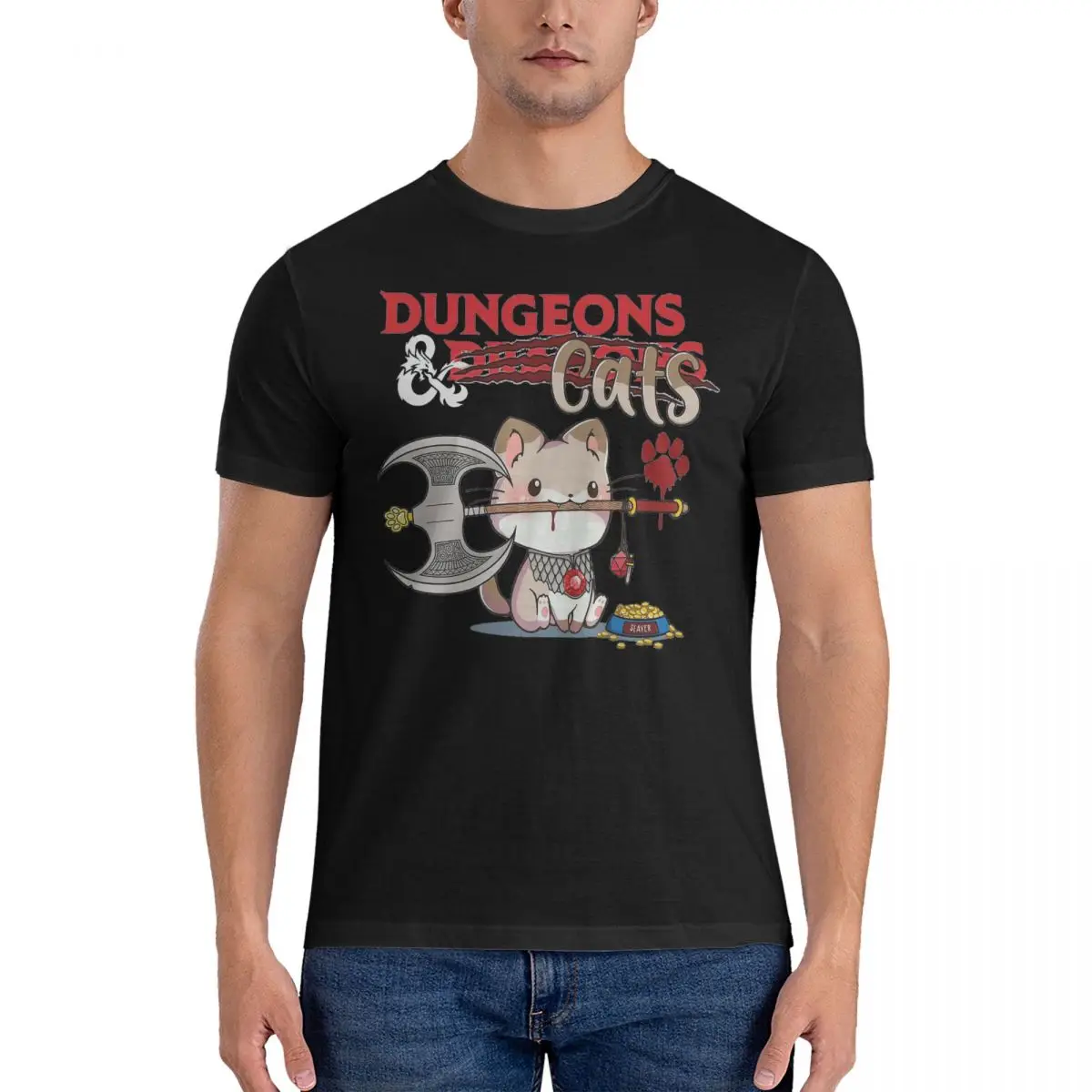 Vintage Dungeons Cats T-Shirts for Men Crew Neck Cotton T Shirts D-DnD Game Short Sleeve Tees 6XL Clothes