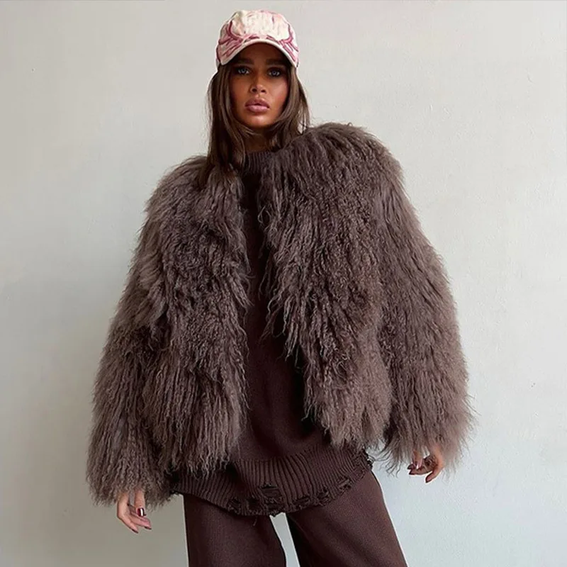 

Brown Fur Plu Jaet Women's Faion ort Fake Fur Leather Long Sve Loose Fit Casual Sle Autumn Winter Outerwear