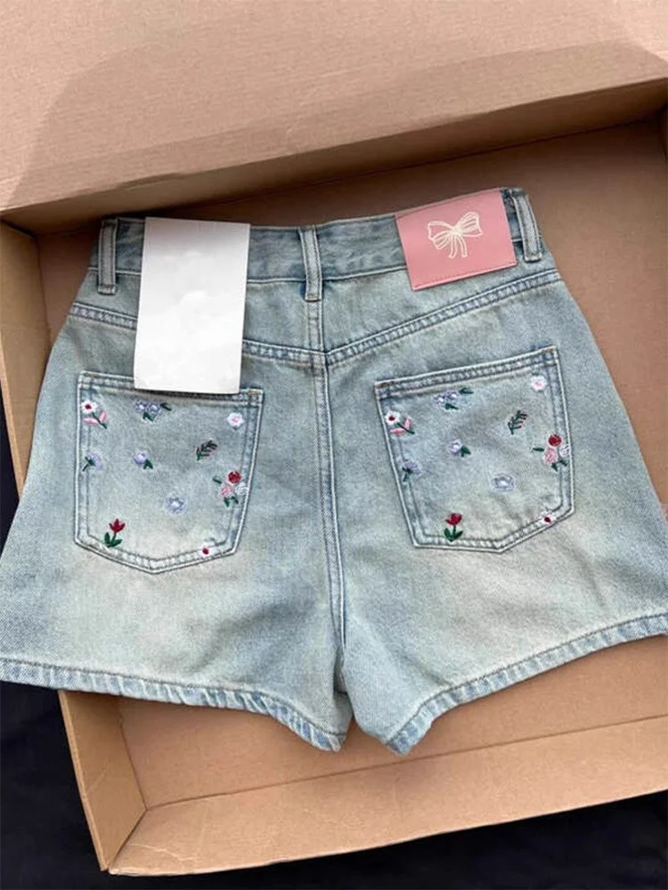 

Women's Blue Embroidered Flower Jeans Shorts Y2K Korean Edition Harajuku 2000s Style Streetwear Retro Jeans Shorts Clothing 2025