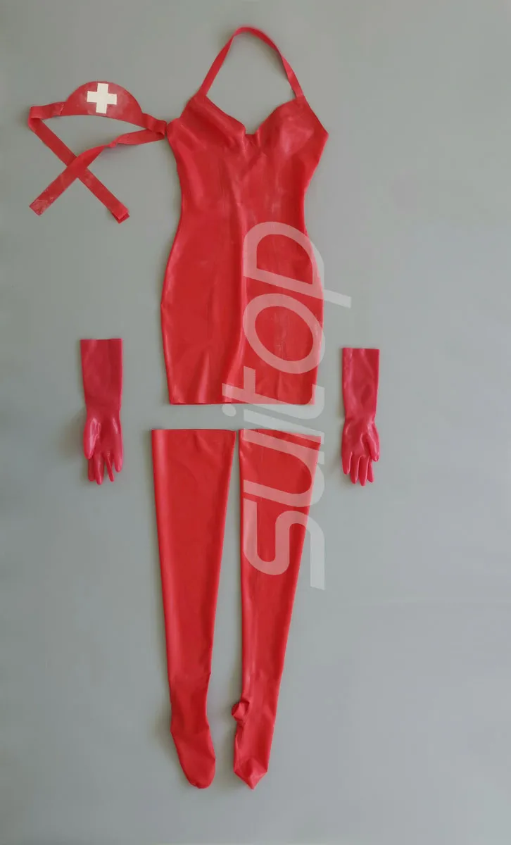 Women\'s latex nurse uniform in red (dress+stocking+cap+gloves)